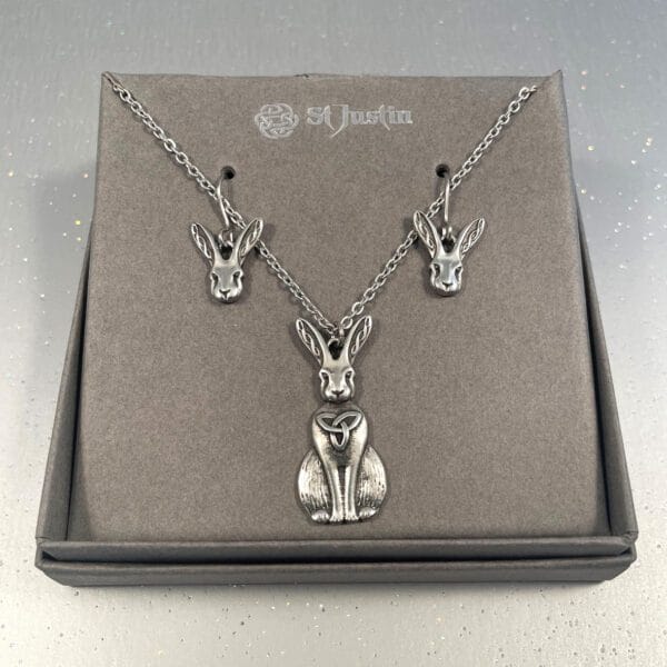 Pewter Celtic hare set -  Celtic design pewter pendant and matching earrings.