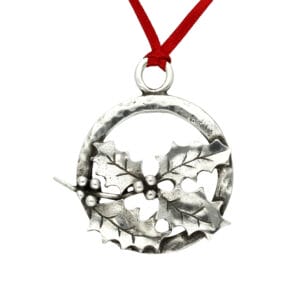 Pewter hammered ring Christmas decoration with sprig of holly