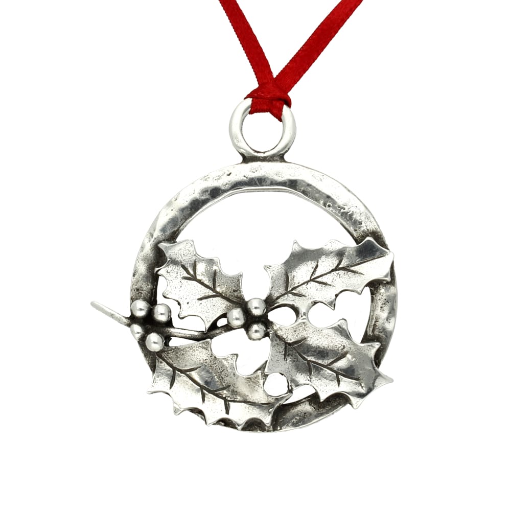 Pewter hammered ring Christmas decoration with sprig of holly